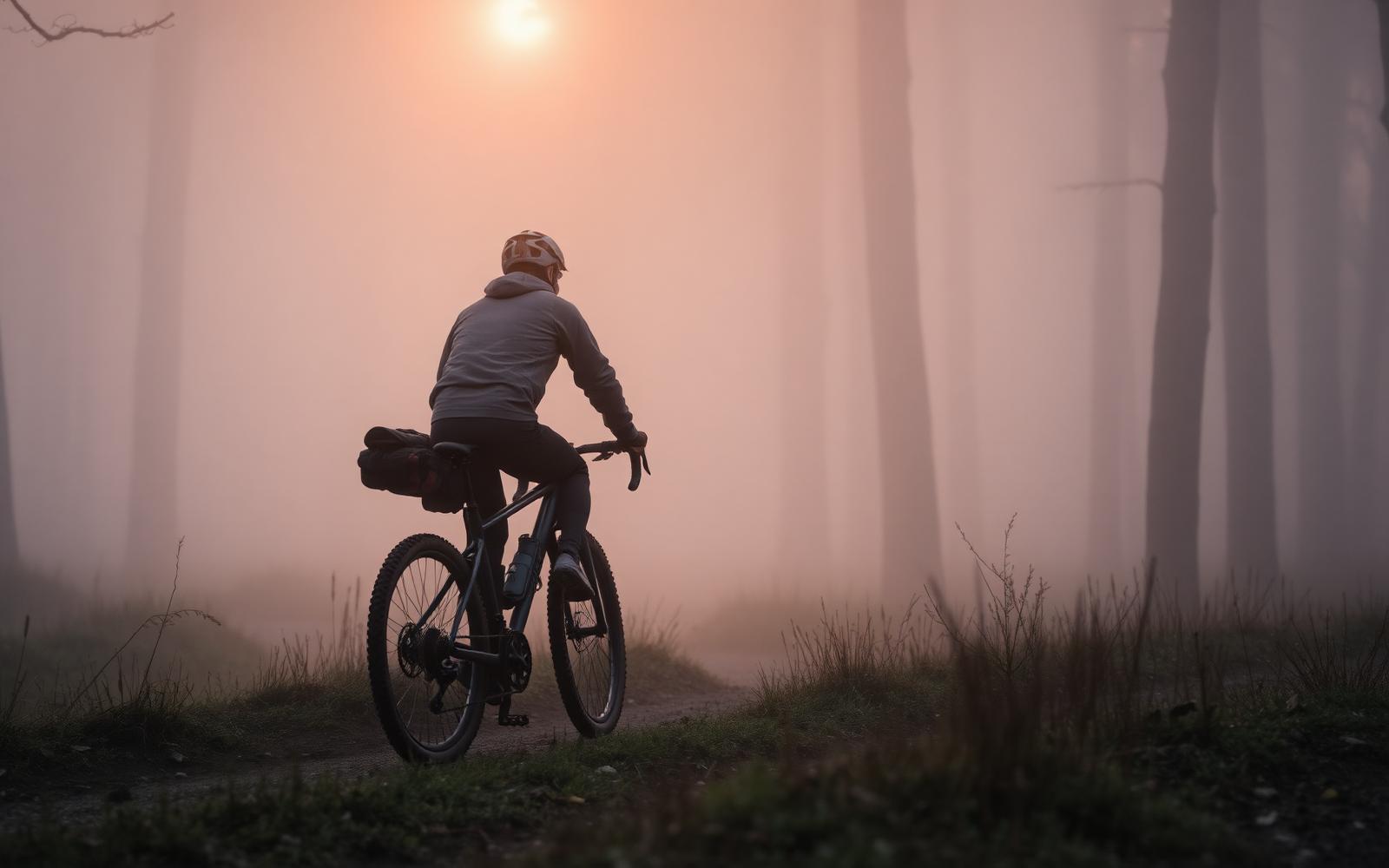 Fietser op een mistig bospad